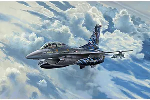 An artistic illustration of a Lockheed Martin F-16D fighter jet with a special Tigermeet 2014 livery flying through a cloudy sky.