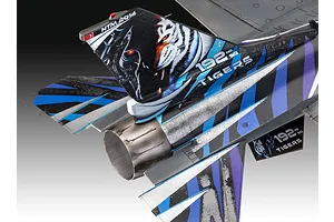 Close-up of the tail section of a Revell 1/72 F-16D Tigermeet 2014 plastic model aircraft featuring a tiger graphic and 192nd Tigers markings.