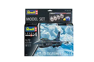 Revell 1/72 scale Lockheed Martin F-16D Tigermeet 2014 model kit box showing the finished aircraft against a cloudy sky, including paints, glue, and brush.