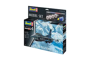 Revell 1/72 scale Lockheed Martin F-16D Tigermeet 2014 plastic model kit box showing the finished aircraft and included paints, brush, and glue.