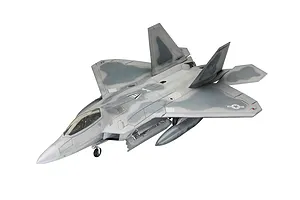 A fully assembled and painted 1/72 scale plastic model of a Lockheed Martin F-22A Raptor fighter jet, shown from a high-angle front three-quarter view.