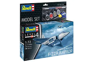 Revell 1/72 scale Lockheed Martin F-22A Raptor model kit box showing the finished aircraft in flight, including paint, glue, and brush.