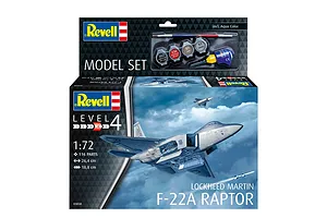 Revell 1/72 scale Lockheed Martin F-22A Raptor model kit box showing the finished aircraft in flight and included paints, glue, and brush.