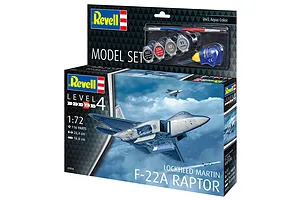 Revell 1/72 scale Lockheed Martin F-22A Raptor plastic model starter kit box showing the aircraft in flight and included paints and brush.