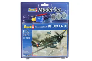 Revell 1/72 scale Messerschmitt Bf 109 G-10 plastic model starter kit in blister packaging with paint, glue, and brush.