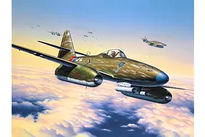 An artistic illustration of a Messerschmitt Me 262 jet fighter flying above clouds with other aircraft in the distance.