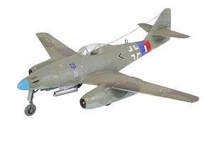 A fully assembled and painted 1/72 scale model of a Messerschmitt Me 262 jet fighter, featuring camouflage paint and German Luftwaffe markings.