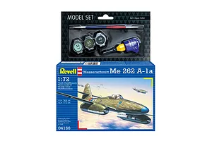 Revell 1/72 scale Messerschmitt Me 262 A-1a plastic model starter kit box, including paints, glue, and a brush.