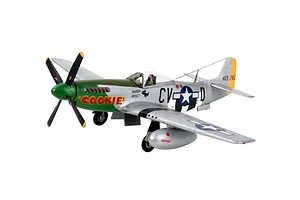 A fully assembled and painted 1/72 scale Revell P-51D Mustang model aircraft, featuring the Cookie livery, silver body, and green nose.