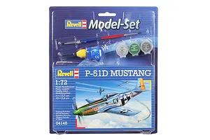 Revell 1/72 scale P-51D Mustang plastic model starter kit in blister packaging, including paint, glue, and a brush.