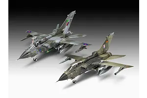 Two assembled 1/72 scale Panavia Tornado model aircraft, one with RAF markings and one with German Luftwaffe markings, displayed against a gradient background.