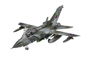 A 1/72 scale plastic model of a Panavia Tornado fighter jet with RAF markings, featuring a camouflage paint scheme and open cockpit.