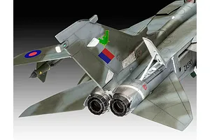 Close-up of the rear section of a 1/72 scale Panavia Tornado model aircraft, showing the twin exhaust nozzles, vertical stabilizer, and camouflage paint scheme.