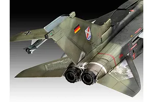 Close-up rear view of a 1/72 scale Panavia Tornado model aircraft showing the twin engine exhausts, vertical stabilizer, and camouflage paint scheme.