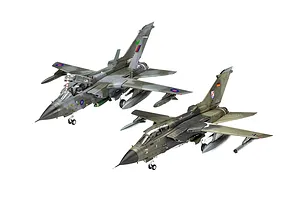 Two assembled 1/72 scale Panavia Tornado model aircraft, one with RAF markings and one with German Air Force markings, displayed against a white background.