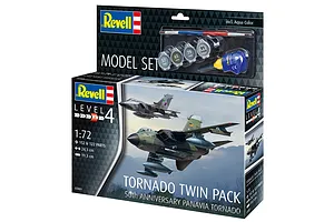 Revell 1/72 scale Panavia Tornado Twin Pack 50th Anniversary model kit box showing two fighter jets in flight and included paints and glue.