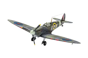 A fully assembled and painted 1/72 scale plastic model of a Supermarine Spitfire Mk.IIa fighter plane with RAF camouflage markings.