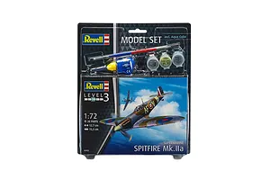 Revell 1/72 scale Supermarine Spitfire Mk.IIa model kit in blister packaging with included paint, glue, and brush.