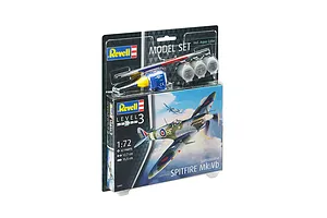 Revell 1/72 scale Supermarine Spitfire Mk.Vb model kit in blister packaging with included paint, glue, and brush.