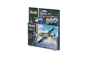 Revell 1/72 scale Supermarine Spitfire Mk.Vb model kit in blister packaging with included paints, glue, and a brush.
