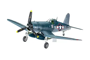A fully assembled and painted 1/72 scale plastic model of a Vought F4U-1D Corsair fighter aircraft, shown from a front-quarter angle.