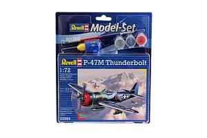 Revell 1/72 scale P-47M Thunderbolt plastic model starter kit in blister packaging including paint, glue, and a brush.