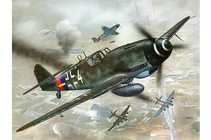 Box art illustration of Messerschmitt Bf 109 G-10 fighter planes in aerial combat over a landscape.