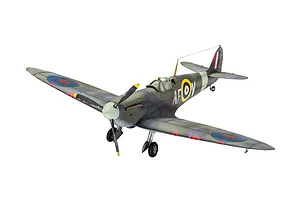 A fully assembled and painted 1/72 scale plastic model of a Supermarine Spitfire Mk.IIa fighter plane with RAF camouflage markings.