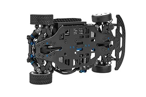 Bottom view of a Team Associated TC28 1/28 scale RC car chassis showing the black carbon fiber main deck, suspension components, and rubber tires.