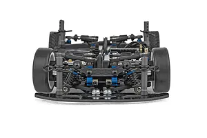Front view of a Team Associated TC28 1/28 scale RC car chassis kit showing suspension, shocks, and carbon fiber components.