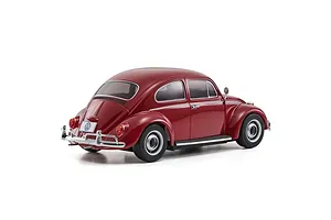A rear three-quarter view of a ruby red Kyosho Mini-Z 1966 Volkswagen Beetle RC car on a white background.
