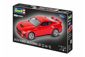 Revell 1/25 scale 2024 Ford Mustang GT Easy-Click plastic model kit box showing a red model car on a black background.