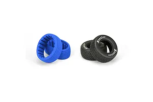 Two black Pro-Line Hoosier dirt oval RC tires with white lettering and two blue foam tire inserts on a white background.