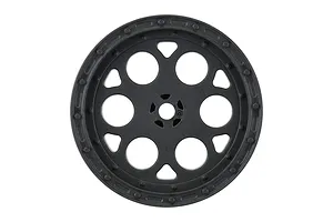 A black Pro-Line Showtime 2.2 inch rear sprint car wheel rim isolated on a white background.