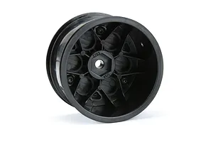A single black Pro-Line 1/10 scale Showtime rear sprint car wheel viewed from the inside, showing the 12mm hex mount and molded structural spokes.