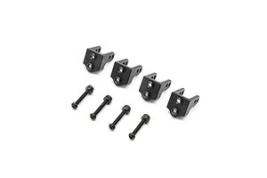 Four black aluminum upper shock mounts and four matching black screws for a Mini LMT RC vehicle.