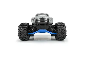 Front view of an ARRMA RC truck with a grey Chevrolet body, featuring a blue Pro-Line Bash Armor skid plate installed on the front suspension.