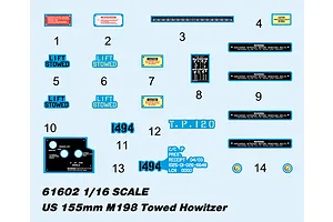 A decal sheet for the I Love Kit 1/16 M198 155mm Towed Howitzer model kit, featuring various warning labels, instructional text, and identification numbers.