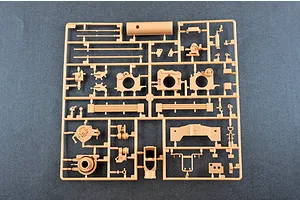 A tan plastic sprue containing various unpainted model parts for an I Love Kit 1/16 scale M198 155mm Towed Howitzer model kit.