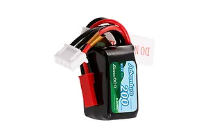 Gens Ace Adventure 11.1V 200mAh 3S LiPo battery with JST connector and balance plug against a white background.