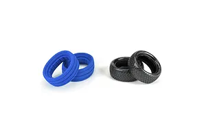 Two black Pro-Line 2.2 inch Electron buggy tyres and two blue foam inserts on a white background.