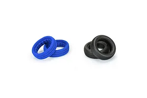 Two black Pro-Line 2.2 inch RC buggy front tyres and two blue foam inserts on a white background.