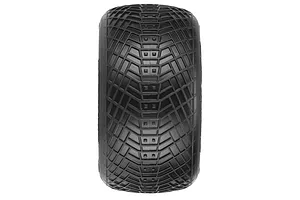 A single black Pro-Line Positron 2.2 inch RC stadium truck tyre viewed from the top, showing its unique geometric tread pattern.