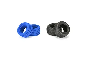 Two black Pro-Line 2.2 inch Positron RC tyres and two blue foam inserts arranged on a white background.