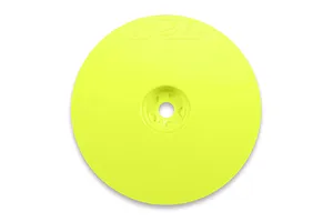 A bright yellow Pro-Line 2.2 inch dish wheel for 2WD RC buggies, viewed from the front.