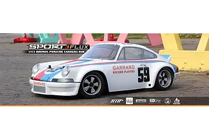 HPI Sport 3 Flux 1973 Brumos Porsche Carrera RSR RC car in white with racing livery, parked on a paved surface.