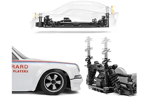 Diagram showing adjustable body post height on an HPI Sport 3 RC chassis with a Porsche Carrera RSR body shell.