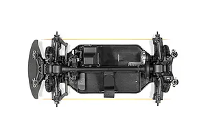 Top-down view of the HPI Sport 3 chassis showing the drivetrain, suspension, and motor mount on a white background.