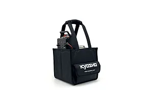 A black Kyosho branded pit bag containing a starter box, isolated on a white background.