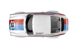 Top-down view of the HPI Sport 3 Flux 1973 Brumos Porsche Carrera RSR RC car with white body, red and blue racing stripes, and number 59 decals.